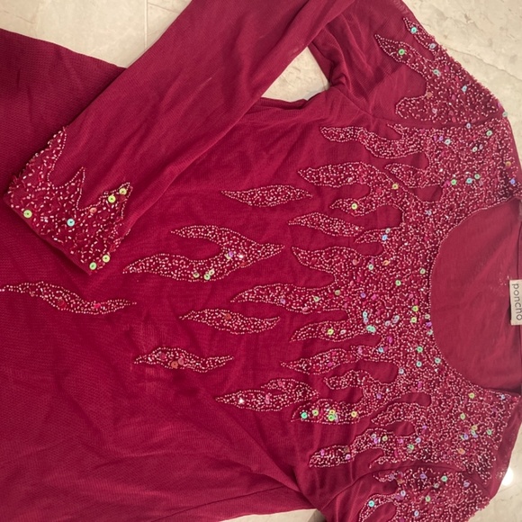 Burgandy Tulle lined tops beaded lightweight size Xs small long sleeves pull on - Picture 2 of 5